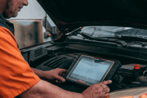 Engine repair in Belton, MO at Belton Transmission & Complete Auto Repair. Image of technician using a professional scan tool to analyze engine data, ensuring accurate troubleshooting, efficient repairs, and reliable vehicle performance.